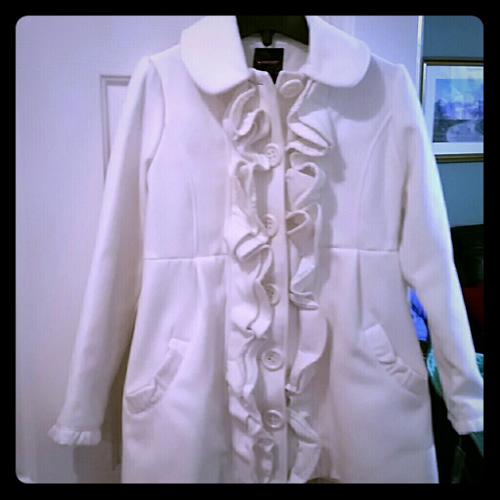My Michelle Ivory ruffle dress pea coat